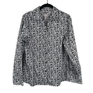 Chico's Size 1 US  Small Button Up Black Brown White Print Top Long Sleeve
